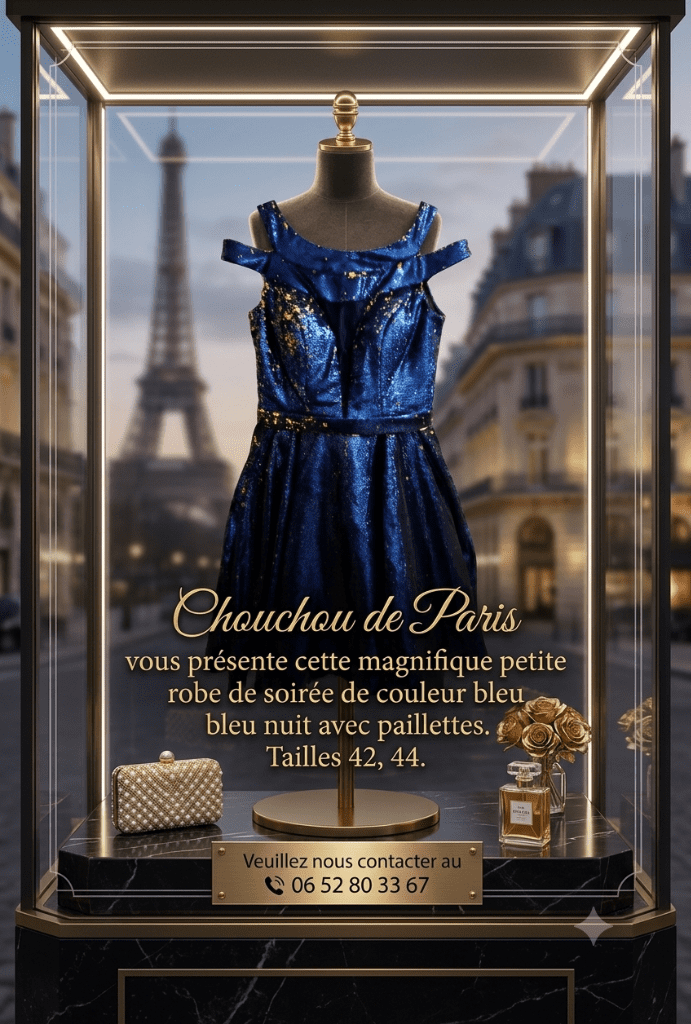 Petite robe de soirée couleur bleu nuit avec paillettes taille 40, 42, 44. prix 90€