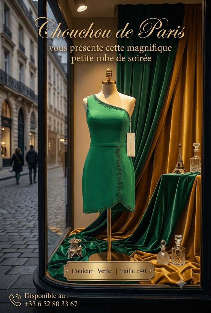 petite robe de soirée couleur verte taille 40, 42.  ,prix 90€.