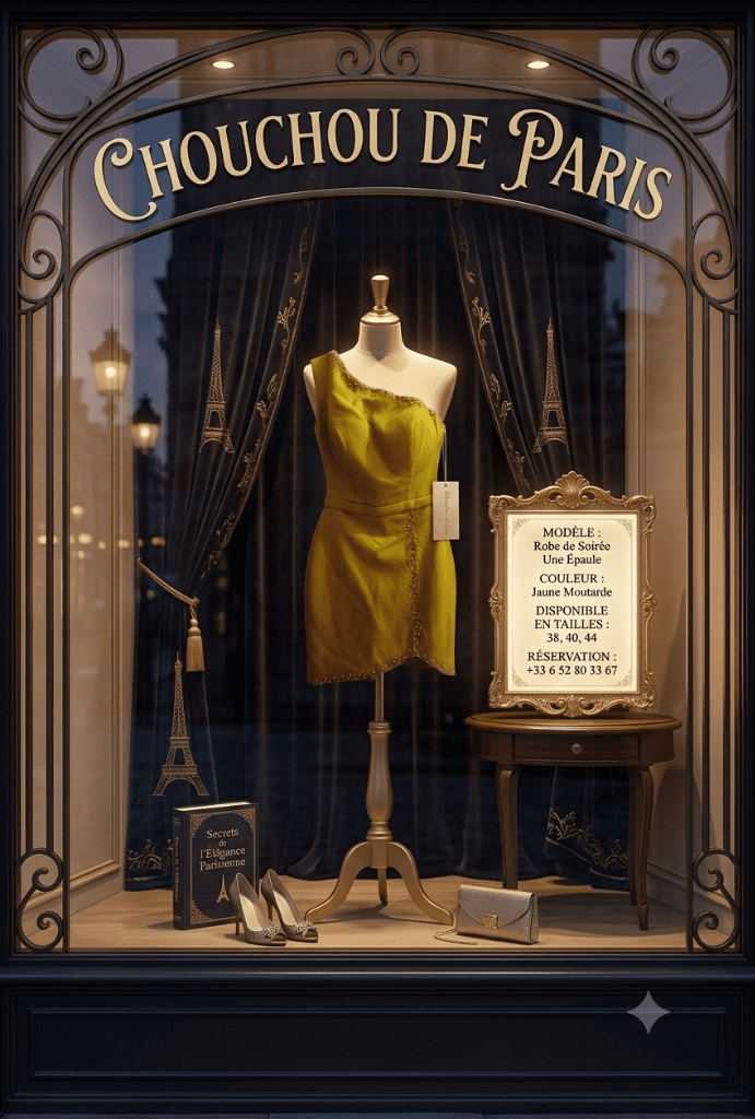 petite robe de soirée couleur jaune moutarde taille 40, 42, 44   prix 90€.
