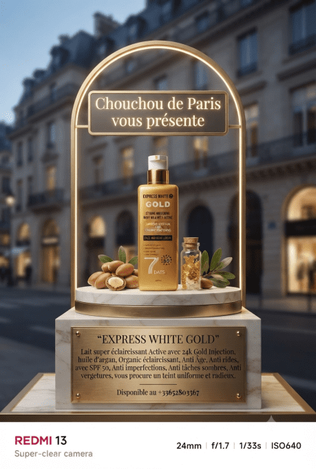 EXPRESS vhite Gold Lait super éclaircissant Active avec 24 k gold injection.Anti tâches rebelles.